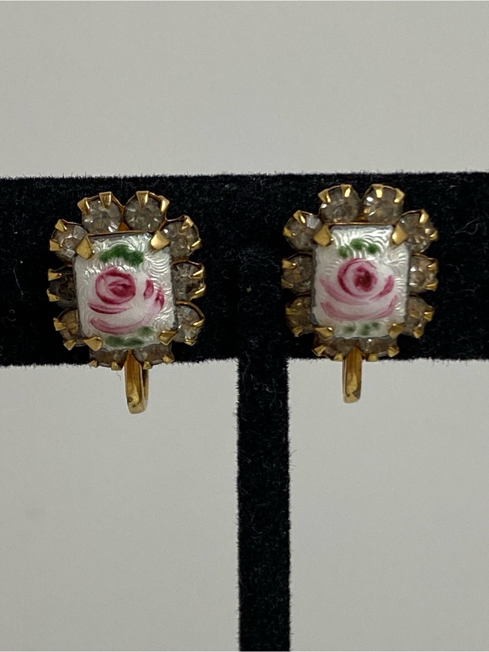 Vintage Guilloche Enamel Screw Back Earrings Rose Rhinestone Gold Tone